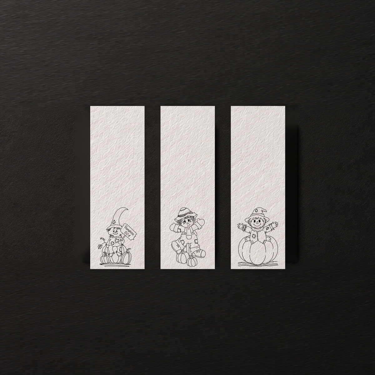 Line-art preview of the three Pumpkin Patch Wishes bookmark designs, ready to paint