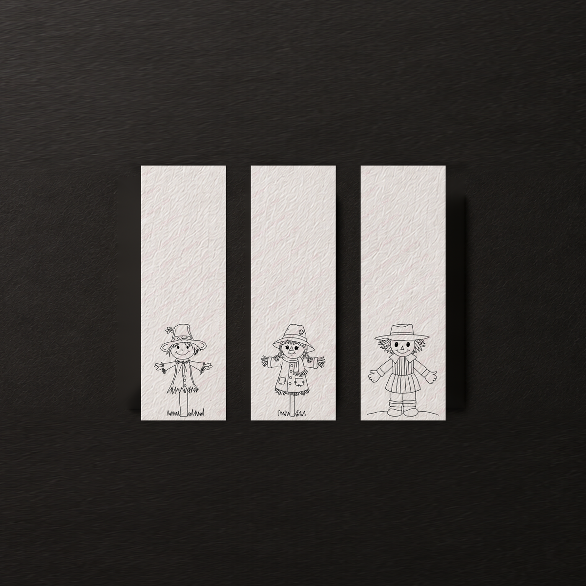 Line-art preview of the three Whispering Meadow bookmark designs, ready to paint