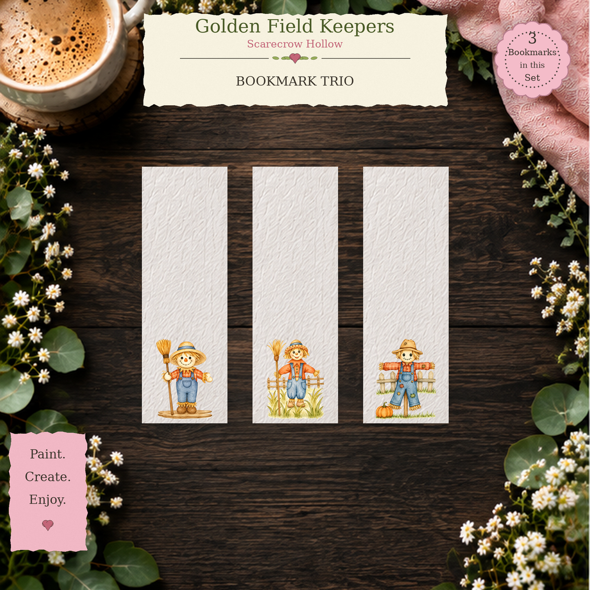 Golden Field Keepers watercolor bookmark set from Scarecrow Hollow, lifestyle view