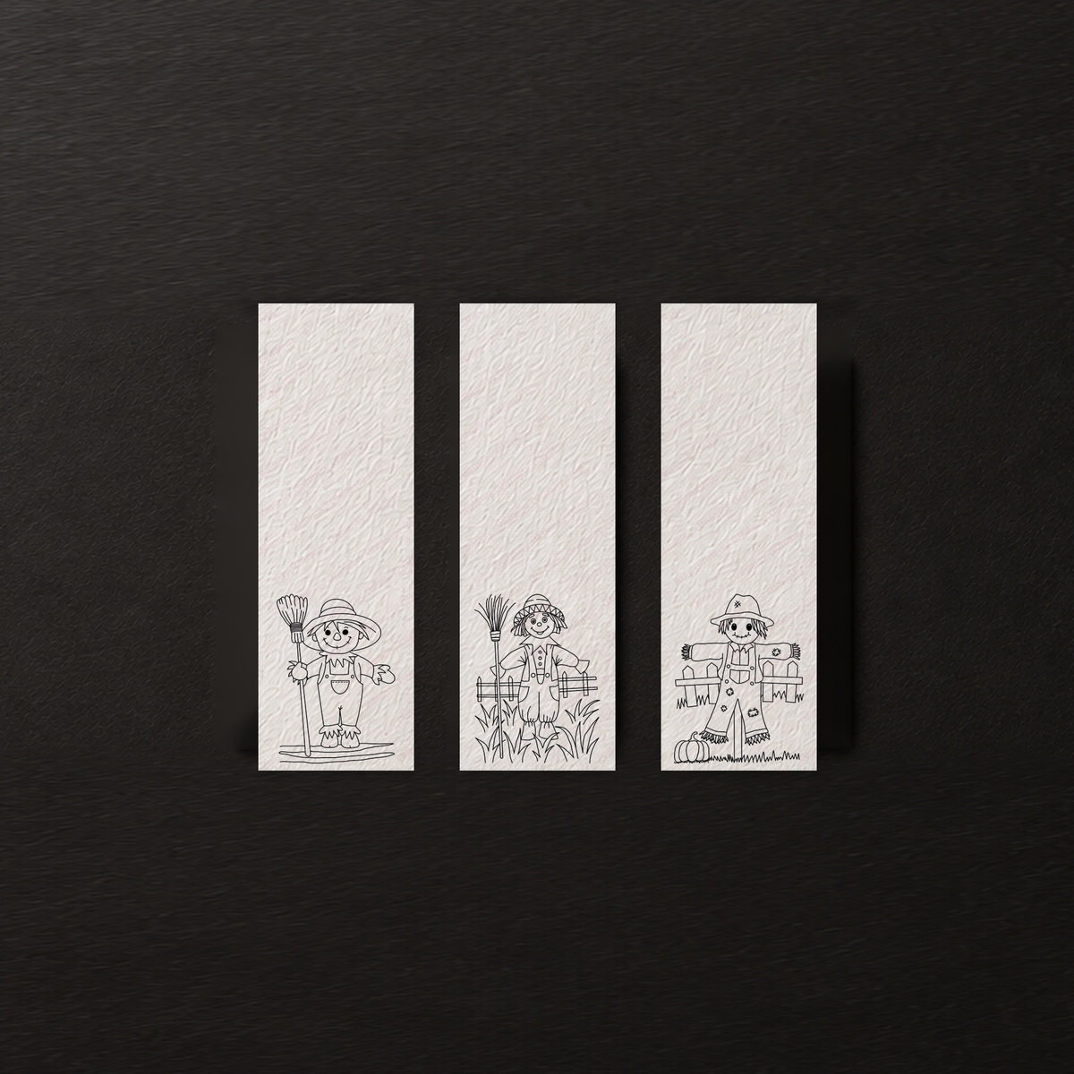 Line-art preview of the three Golden Field Keepers bookmark designs, ready to paint