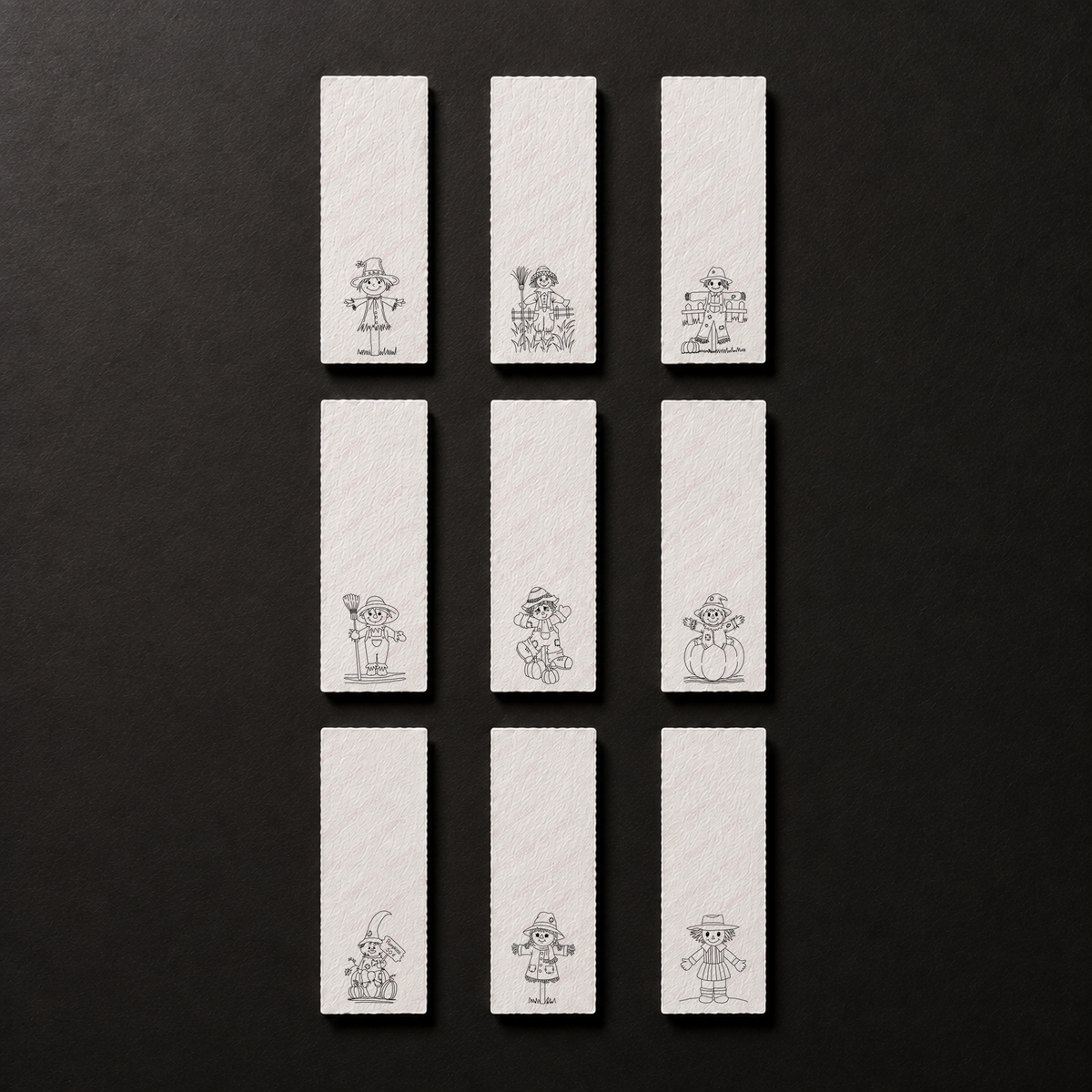 Line-art preview of the nine Scarecrow Hollow bookmark designs, ready to paint
