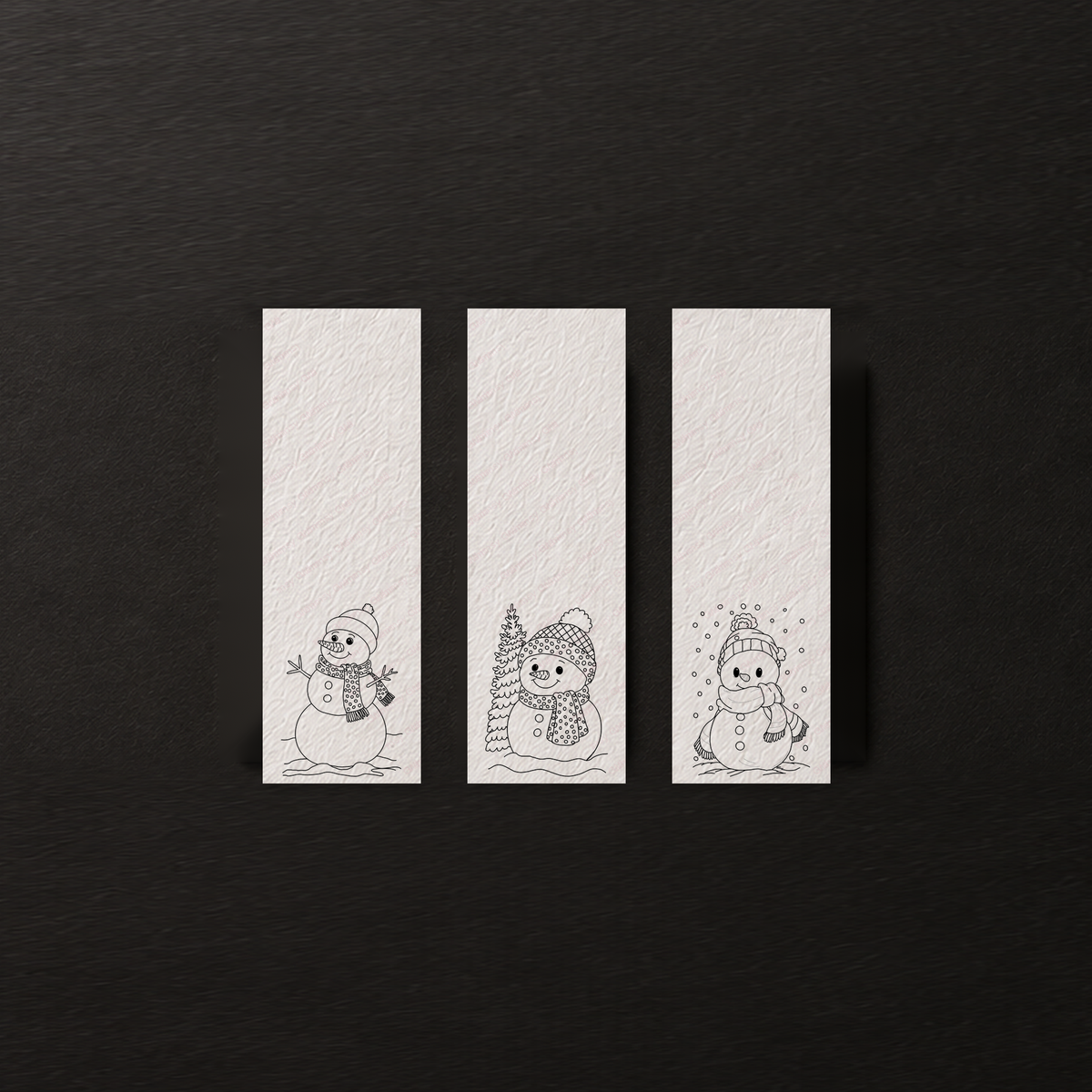 Whispering Pines bookmark line art preview featuring Pine Hollow Snowman, Snowfall Whisper and Cozy Scarf Hollow