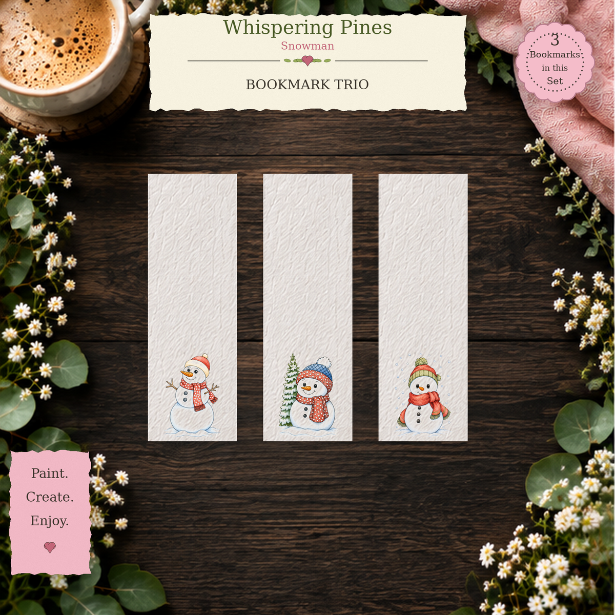 Whispering Pines watercolor bookmark set featuring Pine Hollow Snowman, Snowfall Whisper and Cozy Scarf Hollow