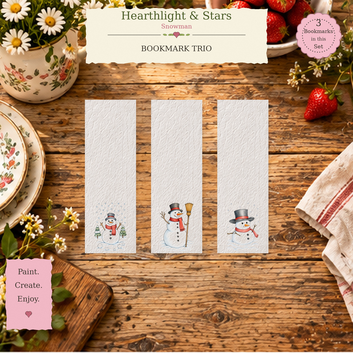 Hearthlight & Stars watercolor bookmark set featuring Hearthside Sweeper, Velvet Topper Snowman and Snowball Meadow