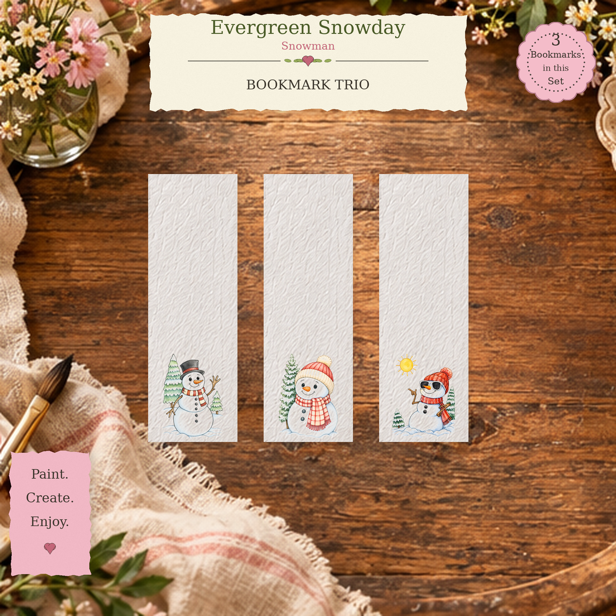 Evergreen Snowday watercolor bookmark set featuring Evergreen Cheer, Winterberry Haven and Sunny Day Snowman