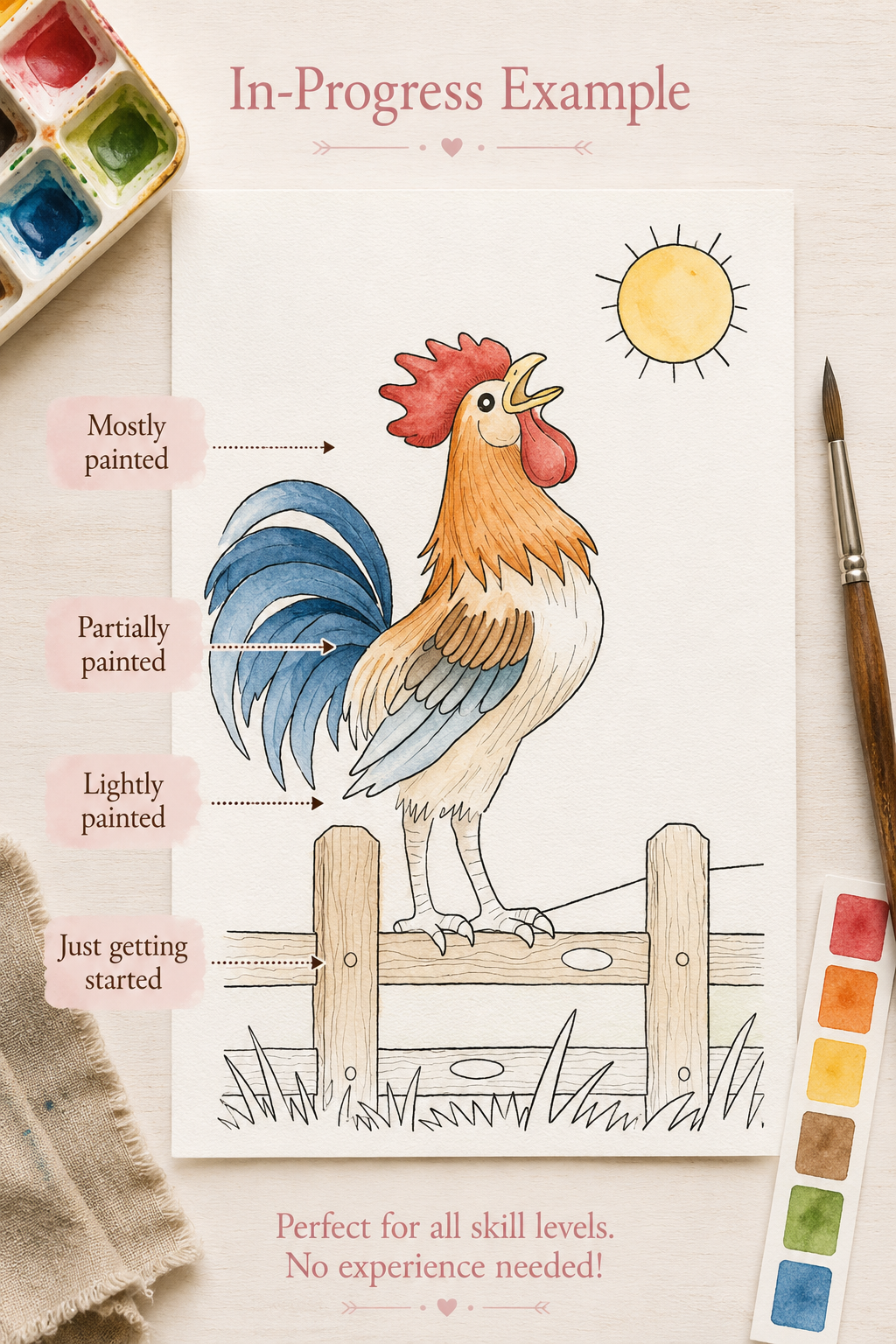 Fencepost Morning Song Paint-Your-Own Watercolor Print | Cozy Chicken Hollow