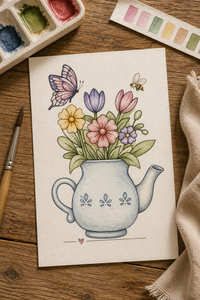 Blossom Teapot Cottage Paint-Your-Own Watercolor Print | Floral Daydreams