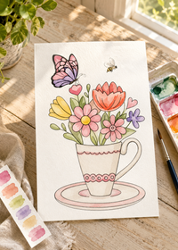 Garden Teacup Bloom Paint-Your-Own Watercolor Print | Floral Daydreams