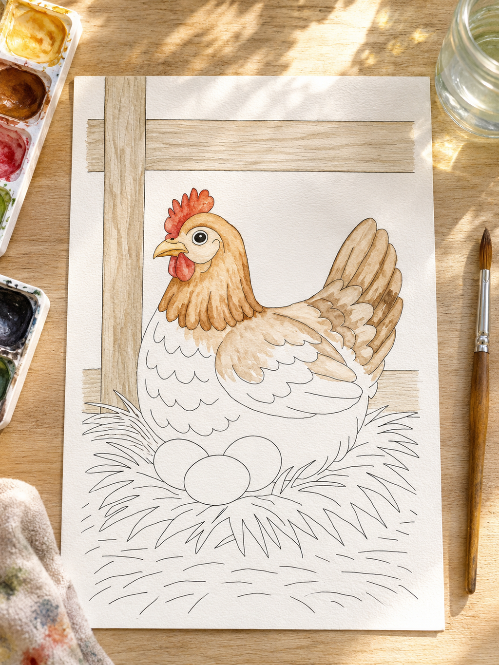Nesting Hollow Hen Paint-Your-Own Watercolor Print | Cozy Chicken Hollow