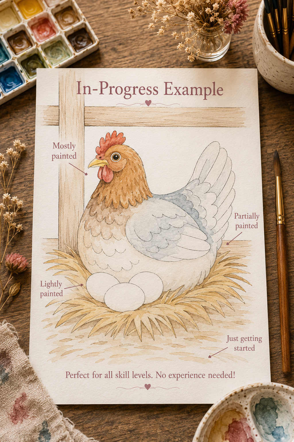 Nesting Hollow Hen Paint-Your-Own Watercolor Print | Cozy Chicken Hollow