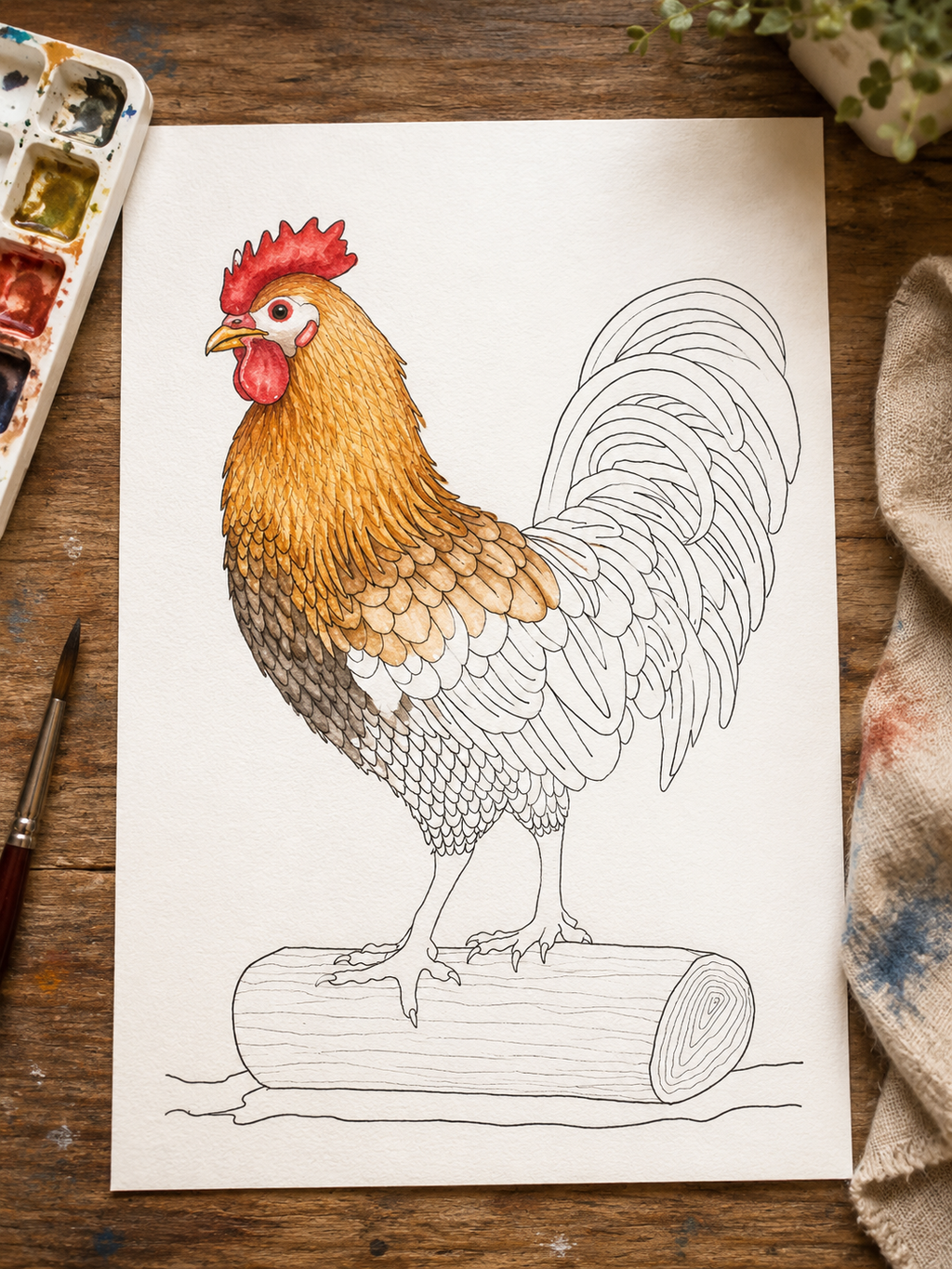 Hickory Roost Rooster Paint-Your-Own Watercolor Print | Cozy Chicken Hollow