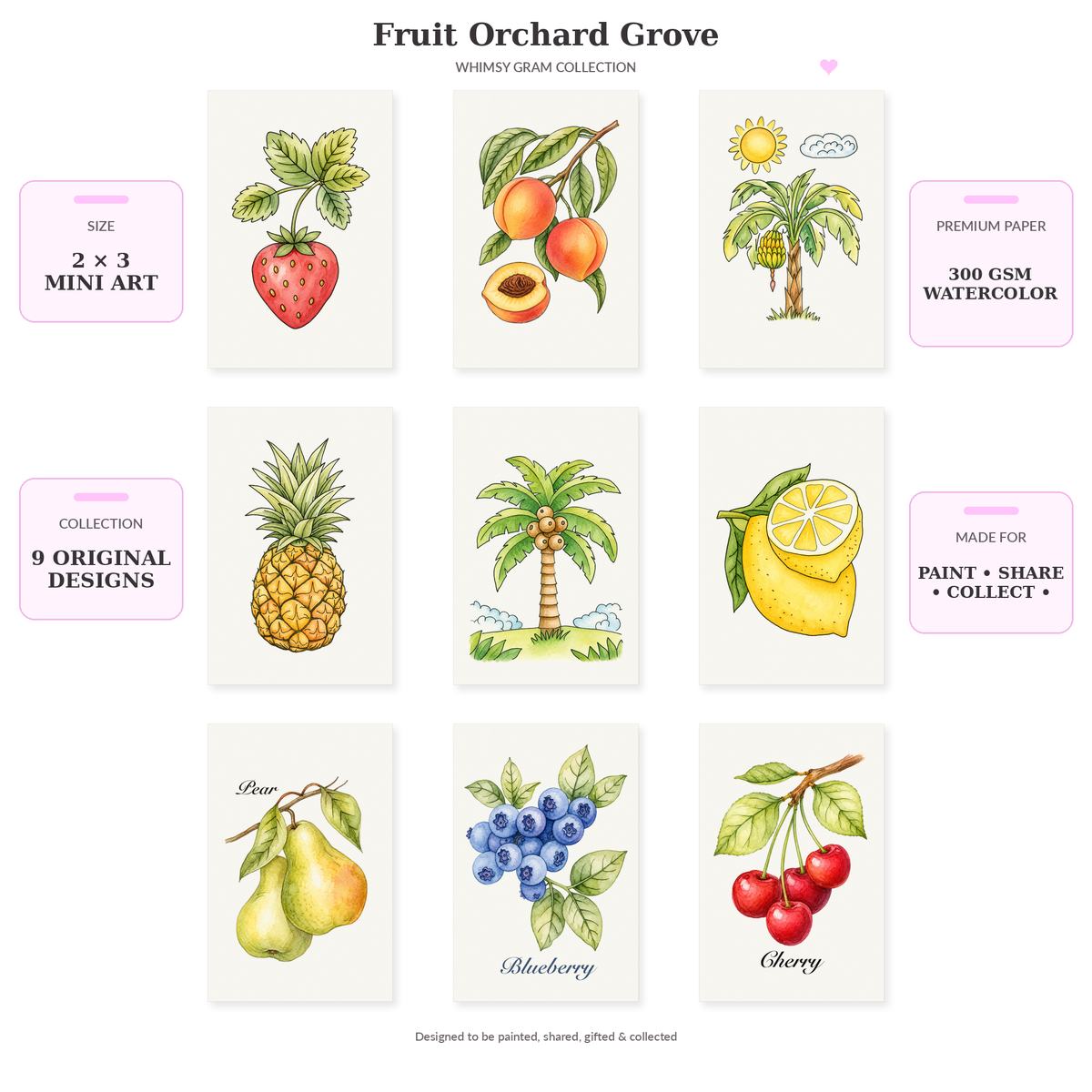 Size and paper details for the Fruit Orchard Grove 2x3 Whimsy Gram collection