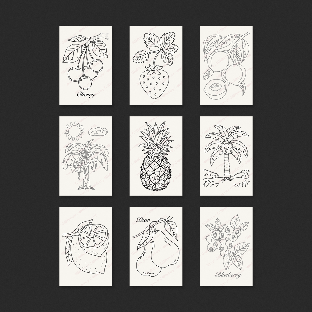 Preview of the nine Fruit Orchard Grove 2x3 Whimsy Gram designs