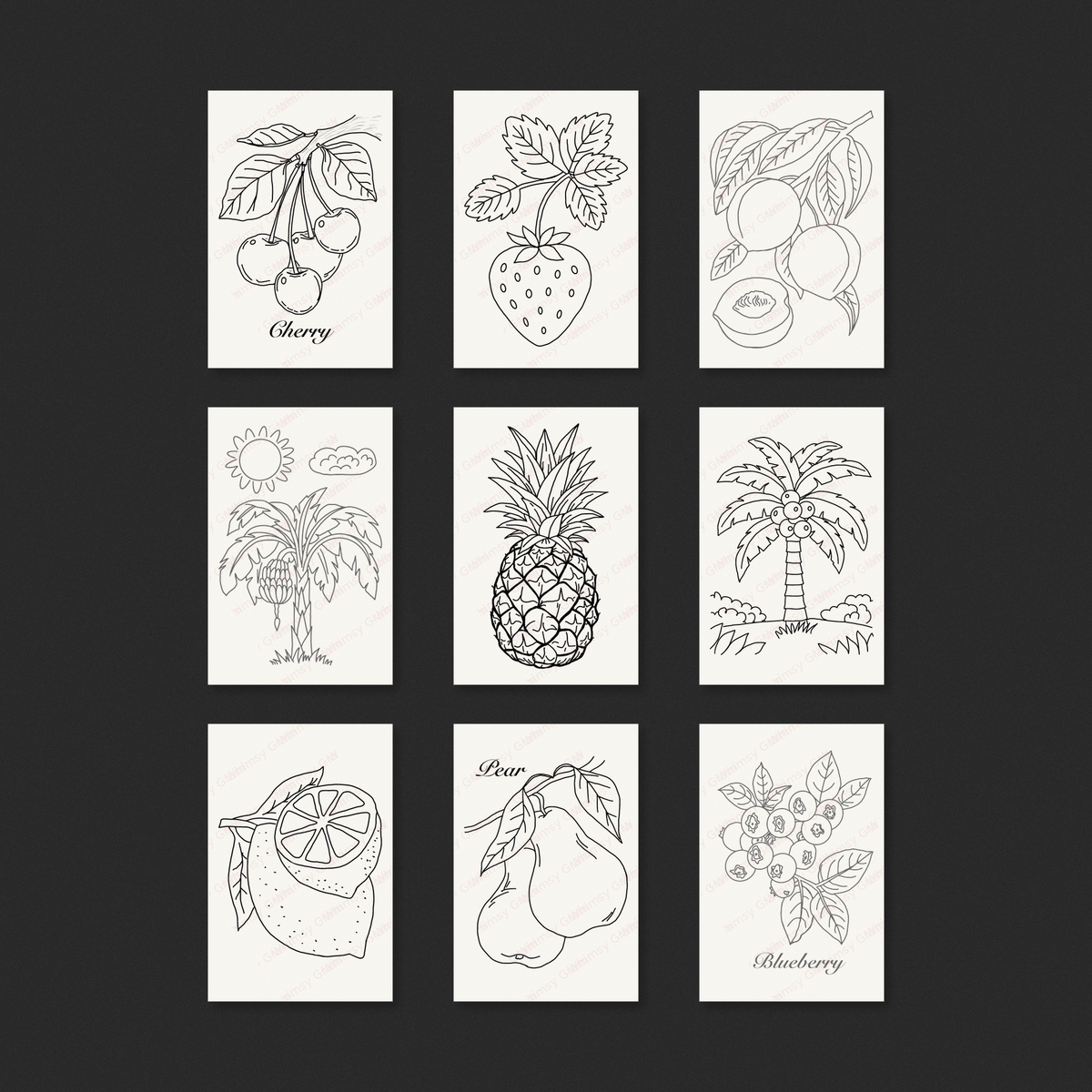 Preview of the nine Fruit Orchard Grove 2x3 Whimsy Gram designs