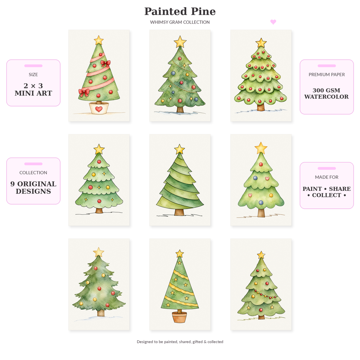 Painted Pines 2x3 Whimsy Gram collection infographic
