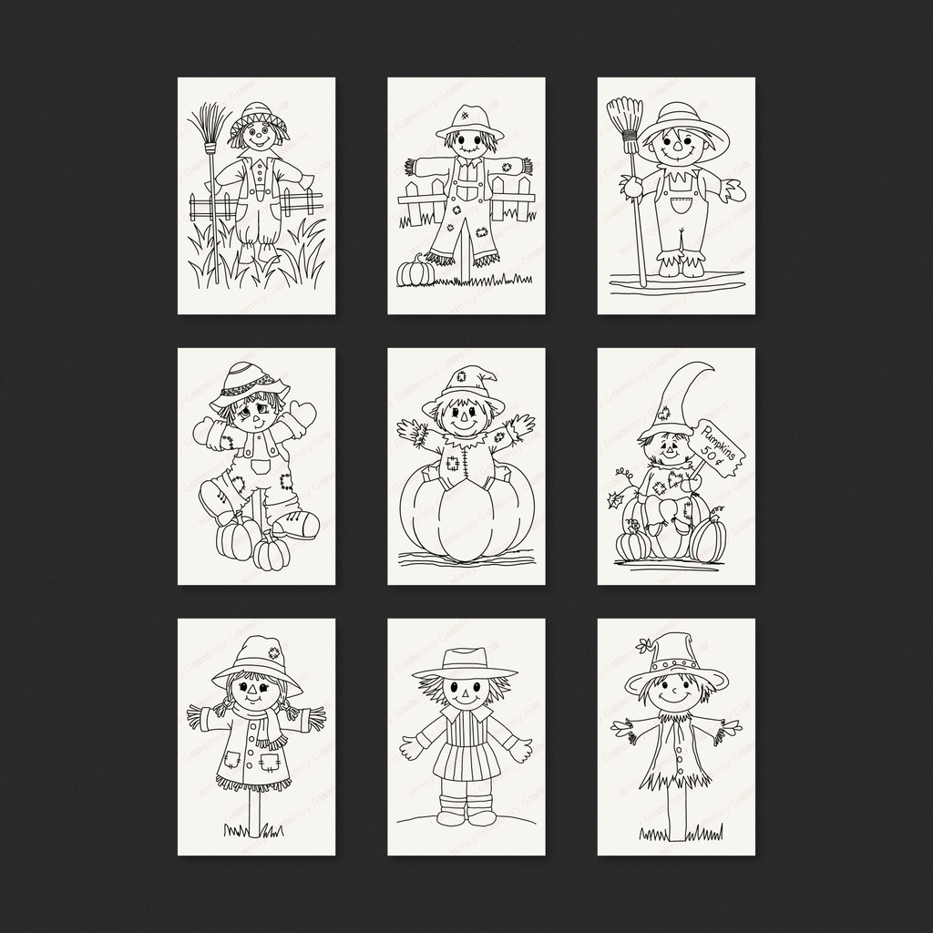 Preview of the nine Scarecrow Hollow 2x3 Whimsy Gram designs