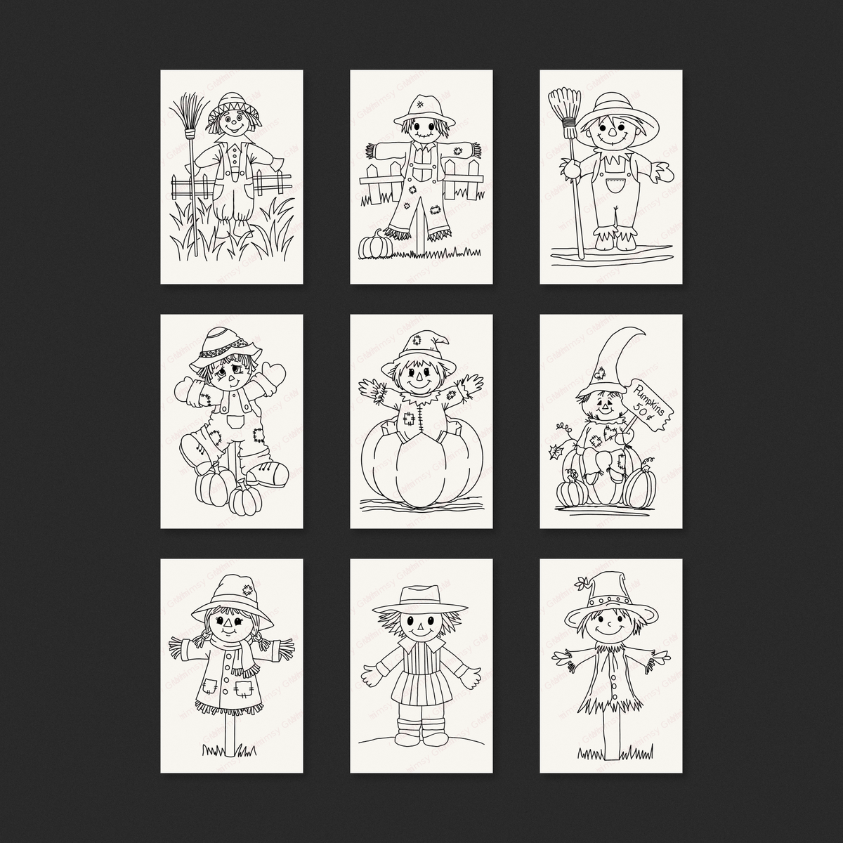 Preview of the nine Scarecrow Hollow 2x3 Whimsy Gram designs