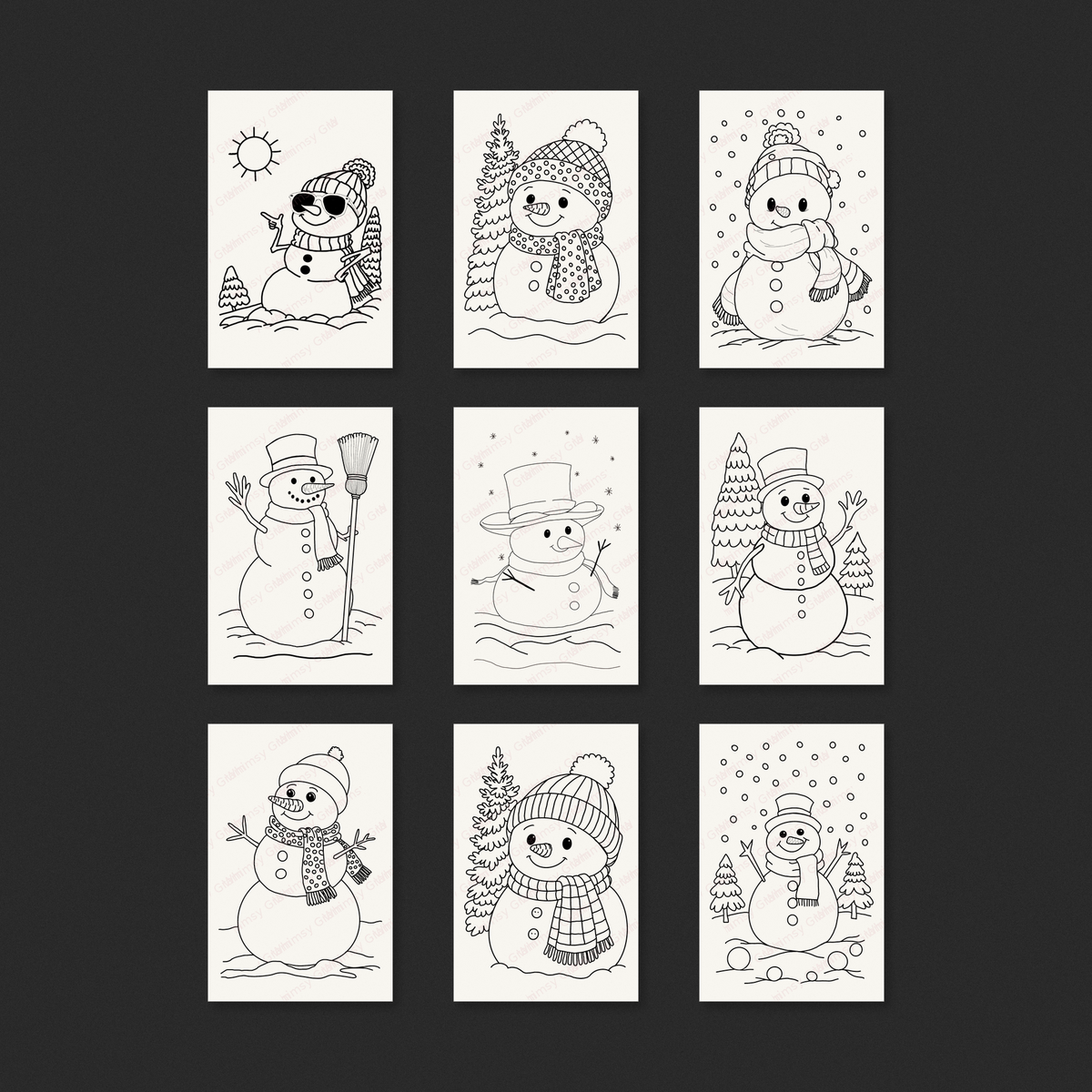 Snowman nine-design line art preview